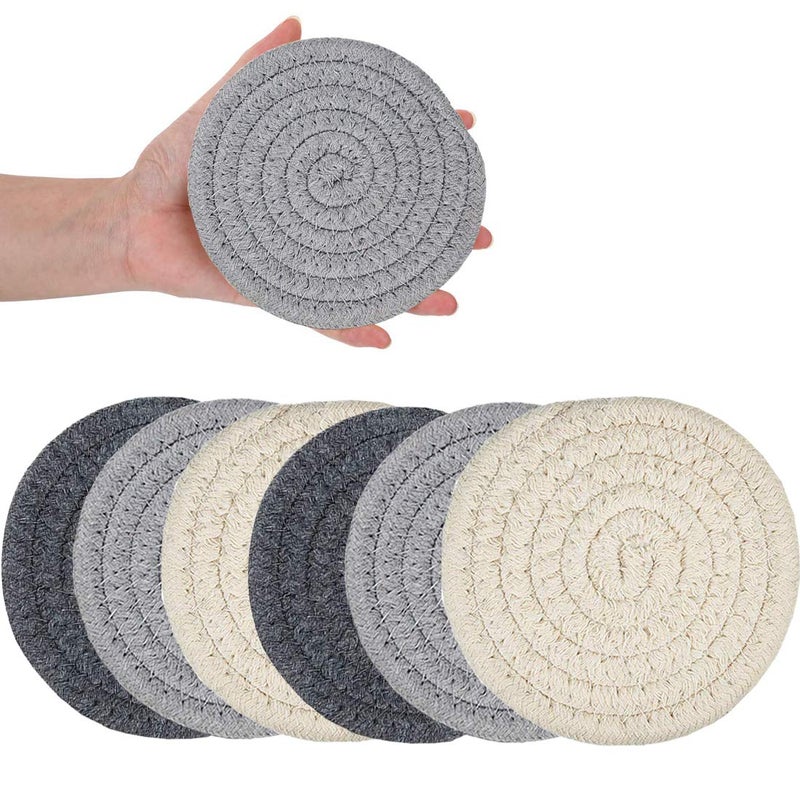 XIAMOOR Absorbent Drink Coasters Handmade Braided Drink Coasters 6 Pack (4.3 Inch, Round, 8mm Thick) Super Absorbent Heat-Resistant Coasters for Drinks Great Housewarming Gift - Image 1